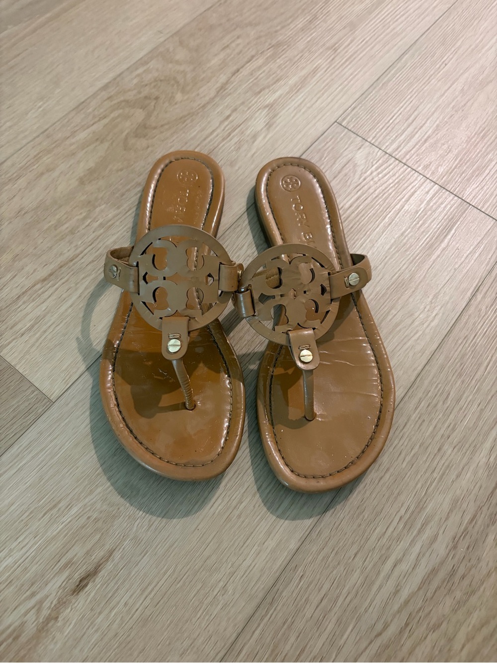 Tory Burch Tan Leather Logo Thong Sandals